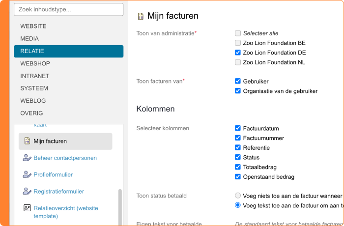 Schermafbeelding van het selecteren van administraties in het 'Mijn facturen' artikel