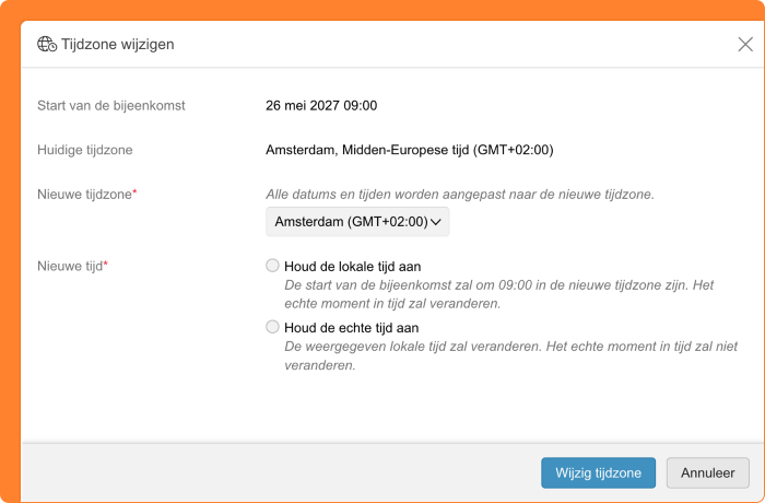 Schermafbeelding van het instellen van tijdzone