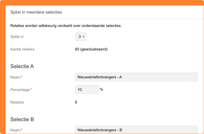 Schermafbeelding van het splitsen van relaties over selecties voor A/B tests
